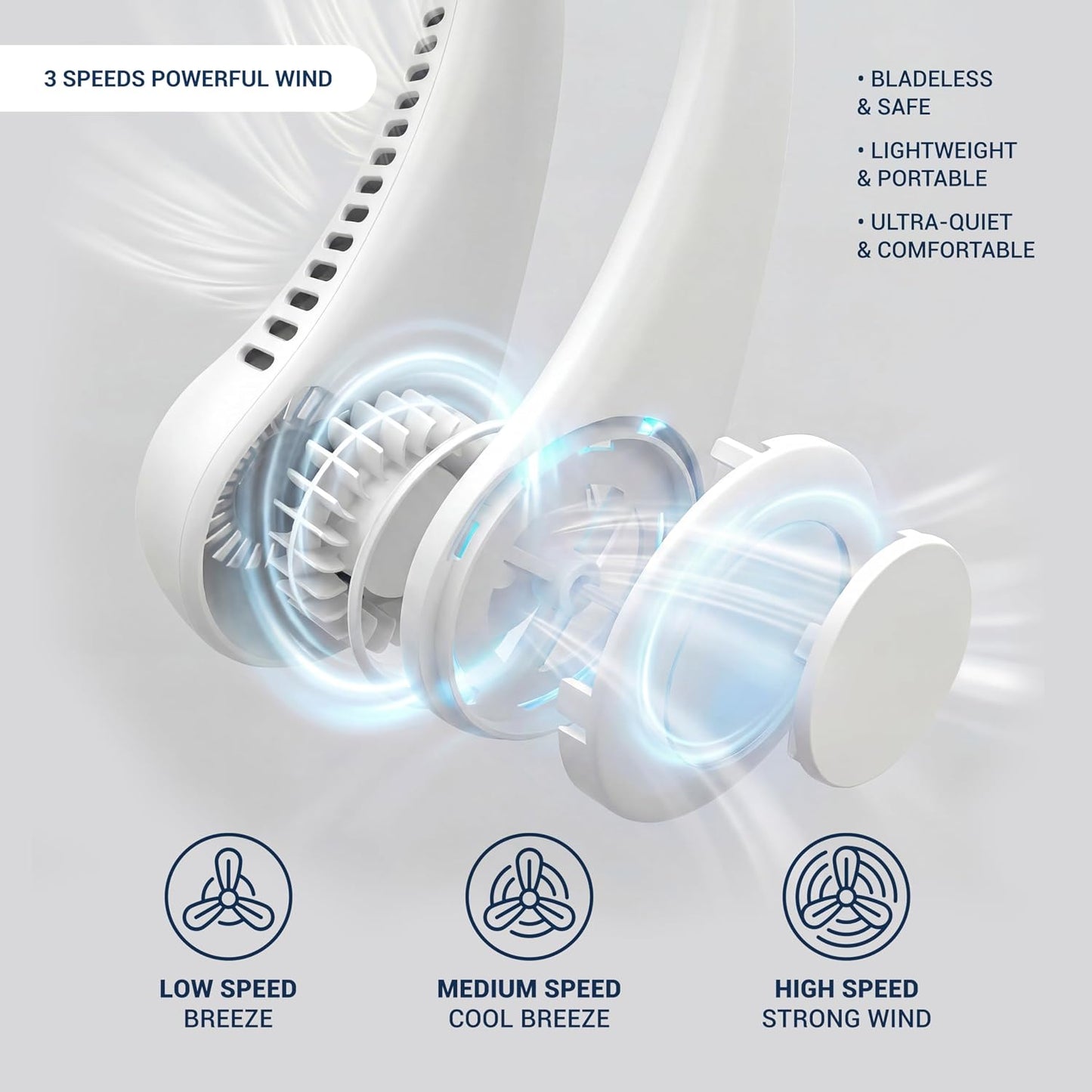 Portable Bladeless Neck Fan – Rechargeable Hands-Free Wearable Cooling Fan with 3 Speed Settings