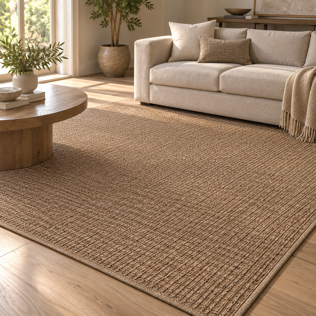 A large woven area rug in a warm natural tan color, shown in a bright, modern living room setting with a light beige sofa, a round wooden coffee table, and a potted plant.