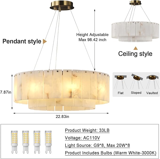 Gold Alabaster 2-Tier Round Chandelier