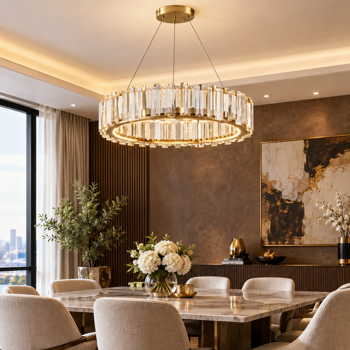Gold Alabaster 2-Tier Round Chandelier