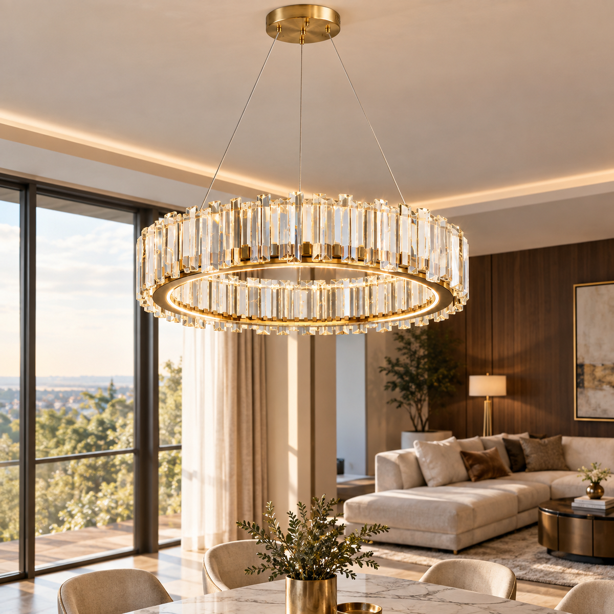 Gold Alabaster 2-Tier Round Chandelier