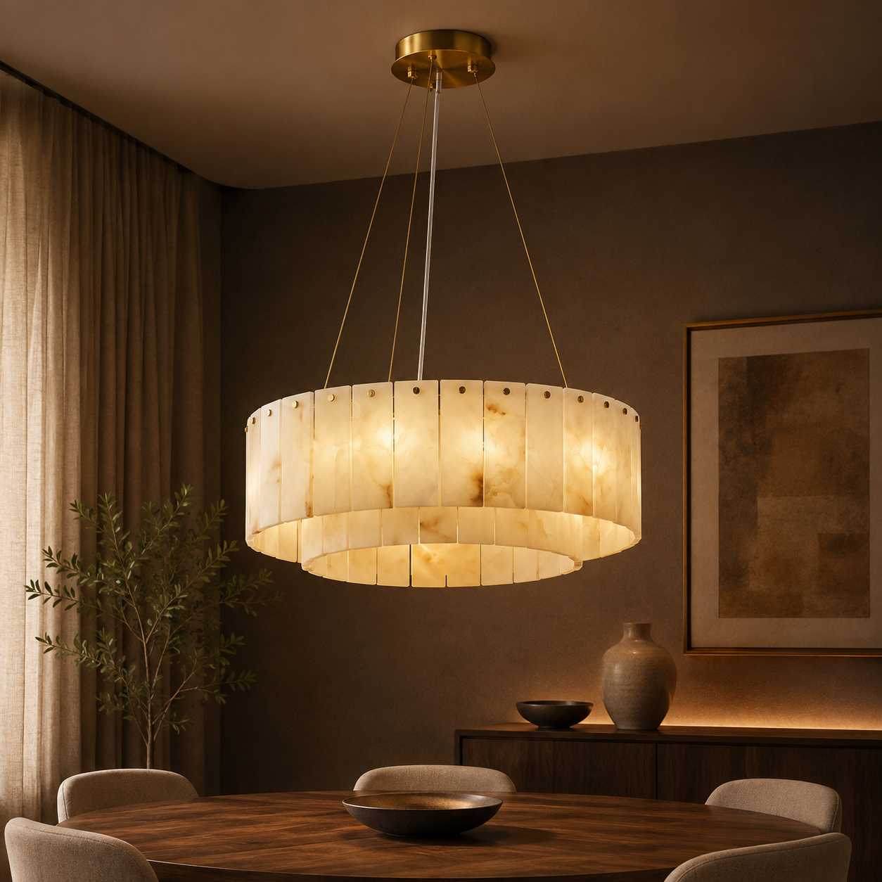 Gold Alabaster 2-Tier Round Chandelier