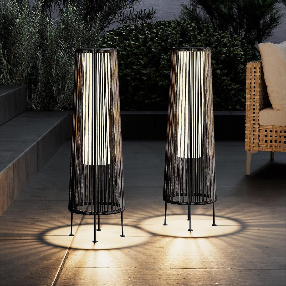 Dark Brown Wicker Solar Outdoor Floor Lamps
