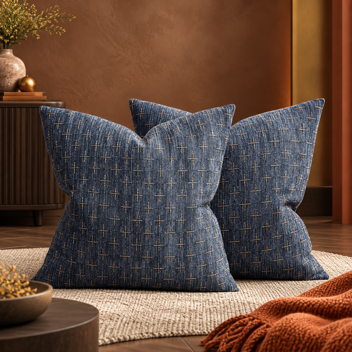 Blue Burlap Linen Throw Pillow Covers