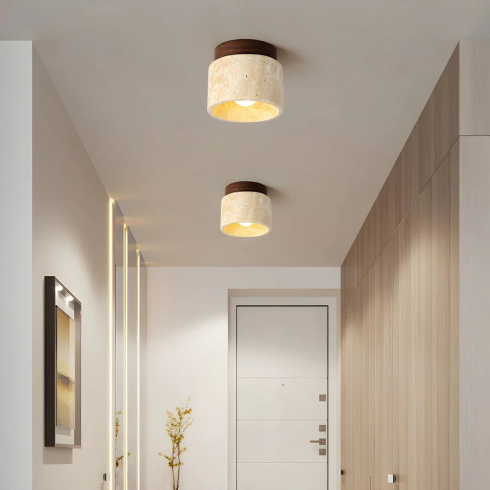 Cylindrical Travertine Ceiling Light with Wooden Accent