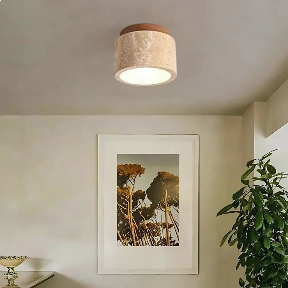 Cylindrical Travertine Ceiling Light with Wooden Accent