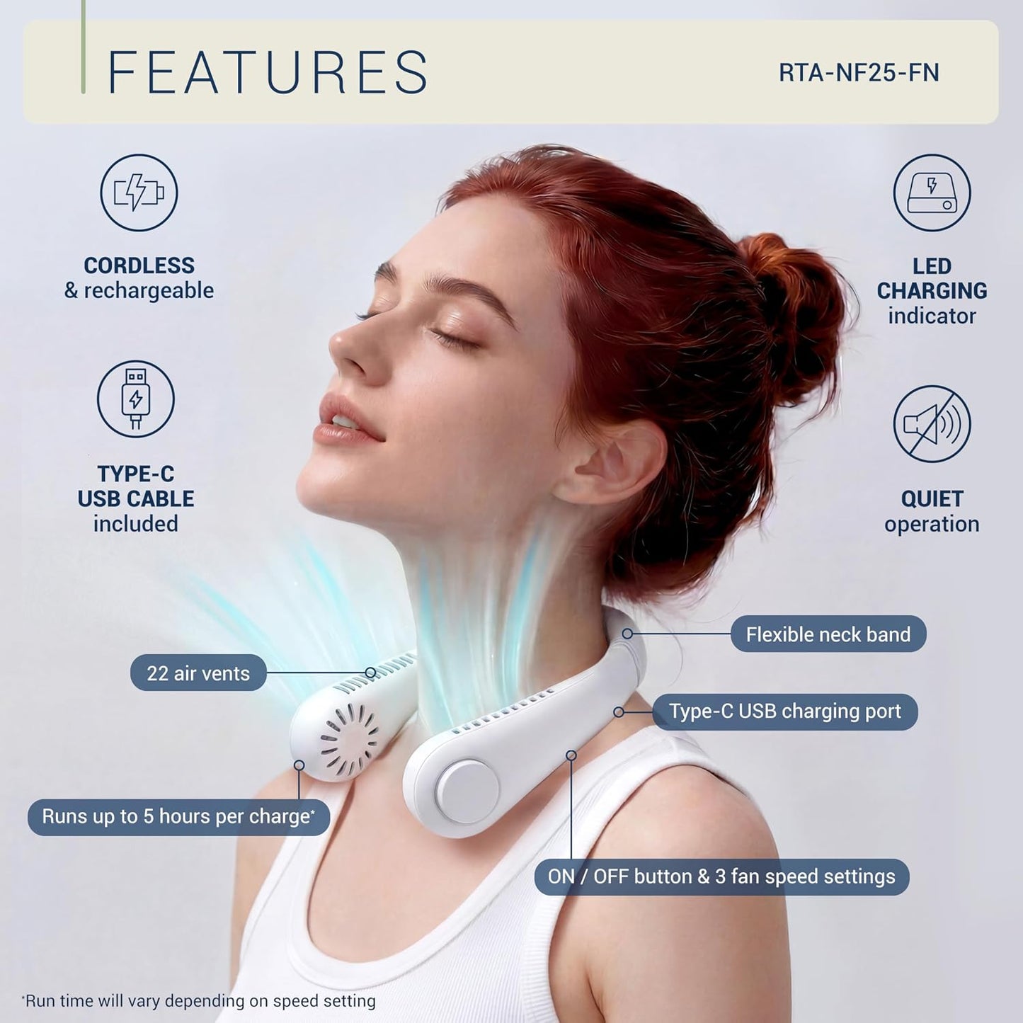 Portable Bladeless Neck Fan – Rechargeable Hands-Free Wearable Cooling Fan with 3 Speed Settings