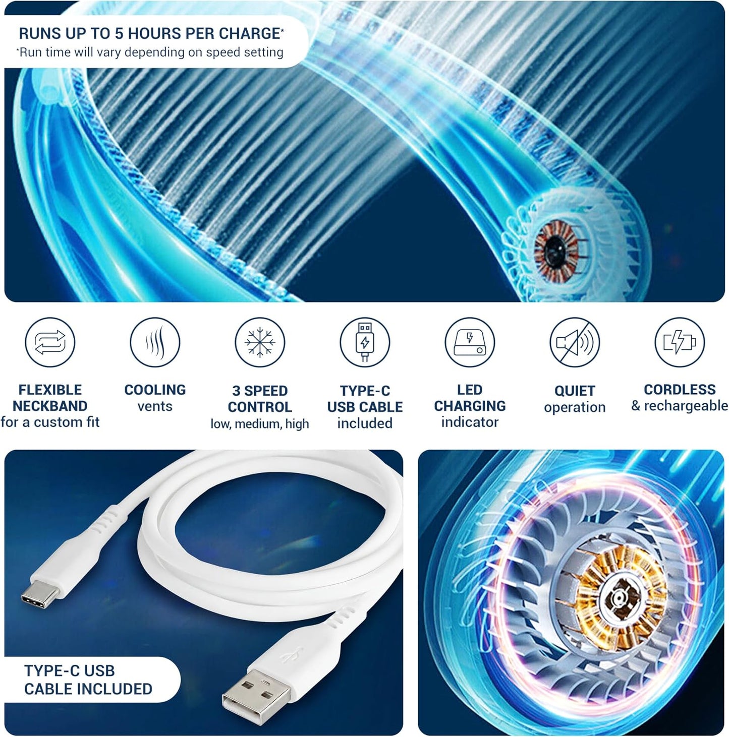 Portable Bladeless Neck Fan – Rechargeable Hands-Free Wearable Cooling Fan with 3 Speed Settings
