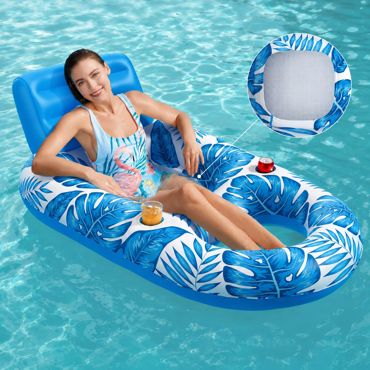 Inflatable Pool Float Lounger for Adults – Cooling Mesh Seat Floating Chair with Backrest