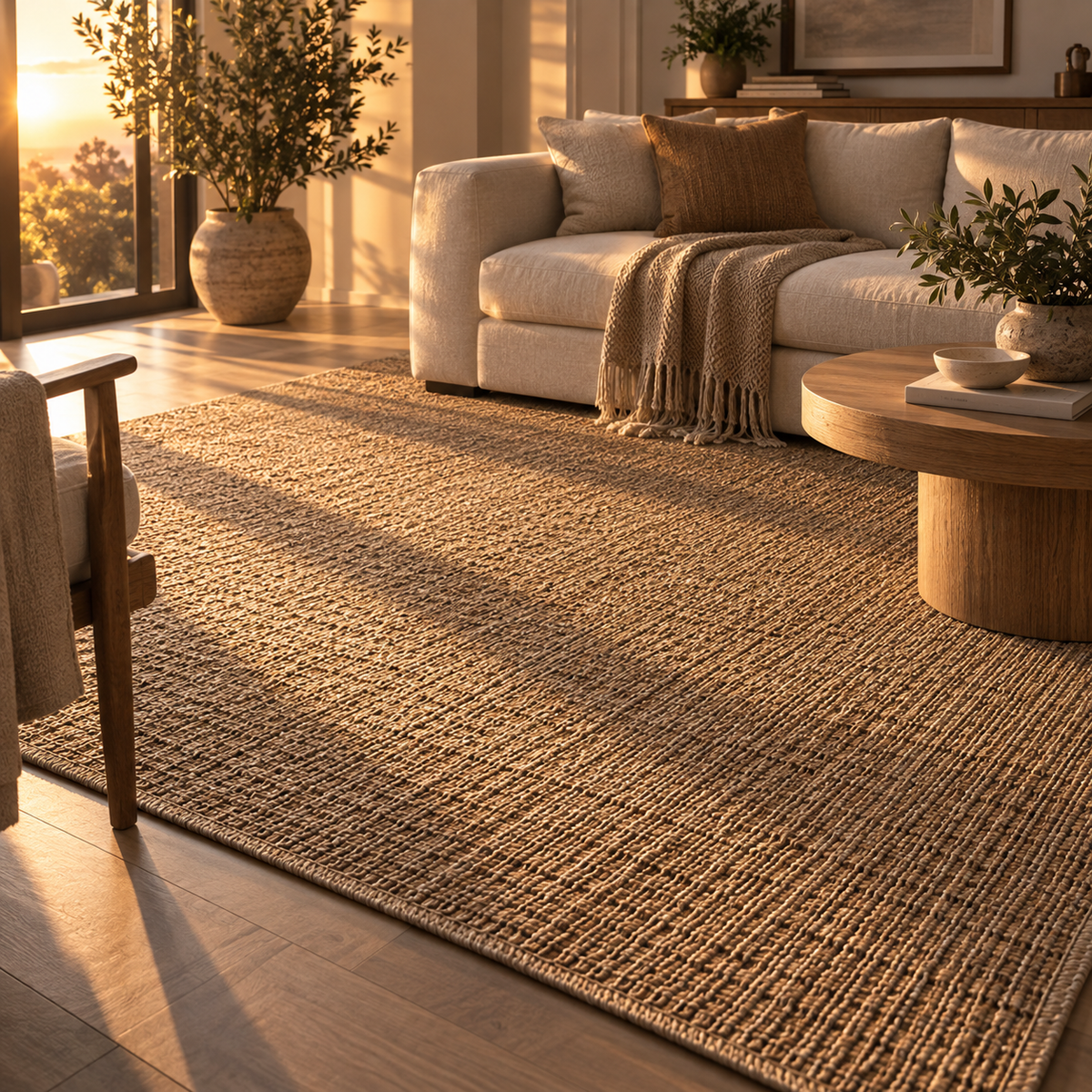 A large woven natural-fiber area rug in a warm tan-brown color, styled in a cozy living room with a cream sofa, wooden coffee table, and potted plants in warm golden-hour sunlight.