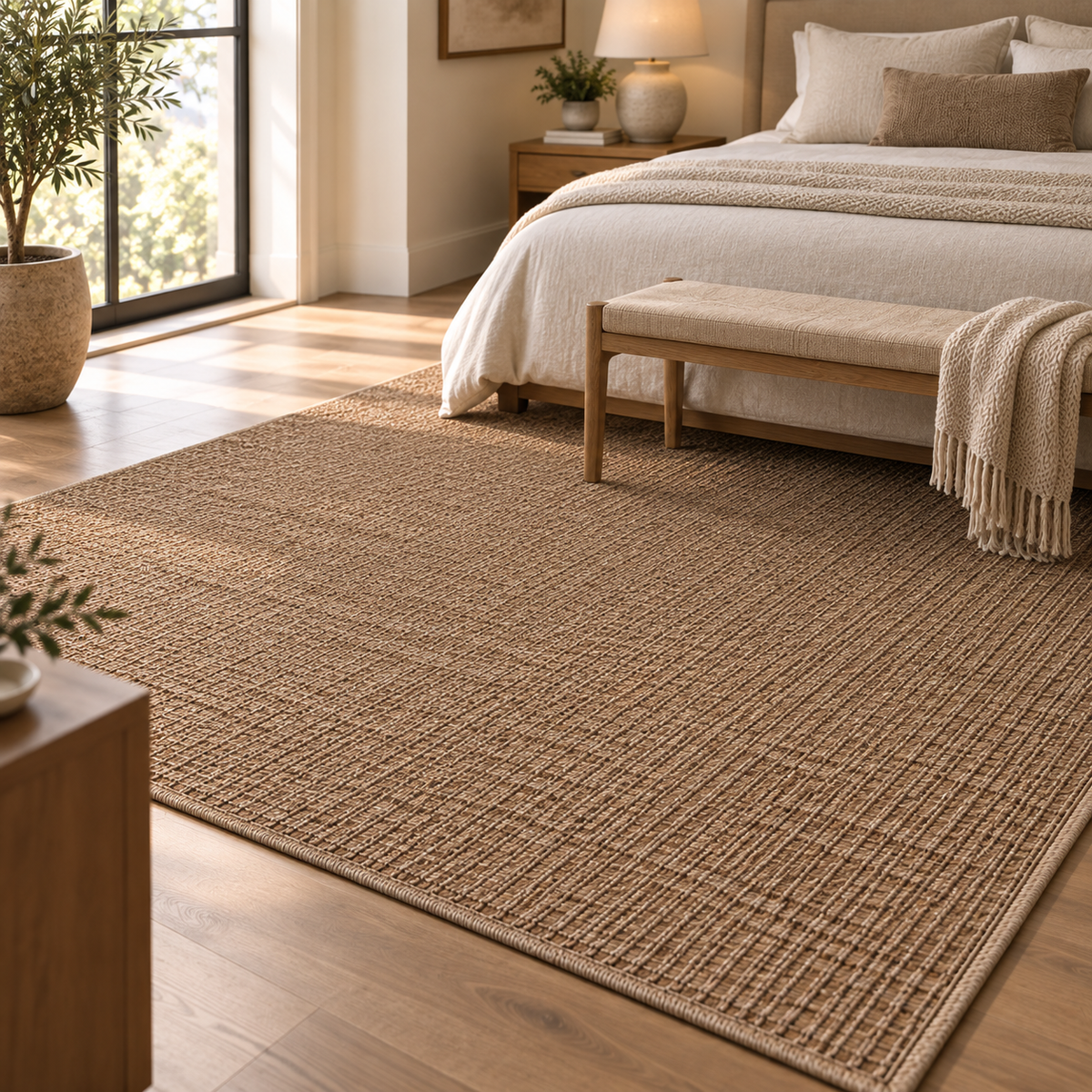 A large woven area rug in a warm tan-brown color, styled in a bright, modern bedroom with a wooden bed, bench, and light wood flooring.