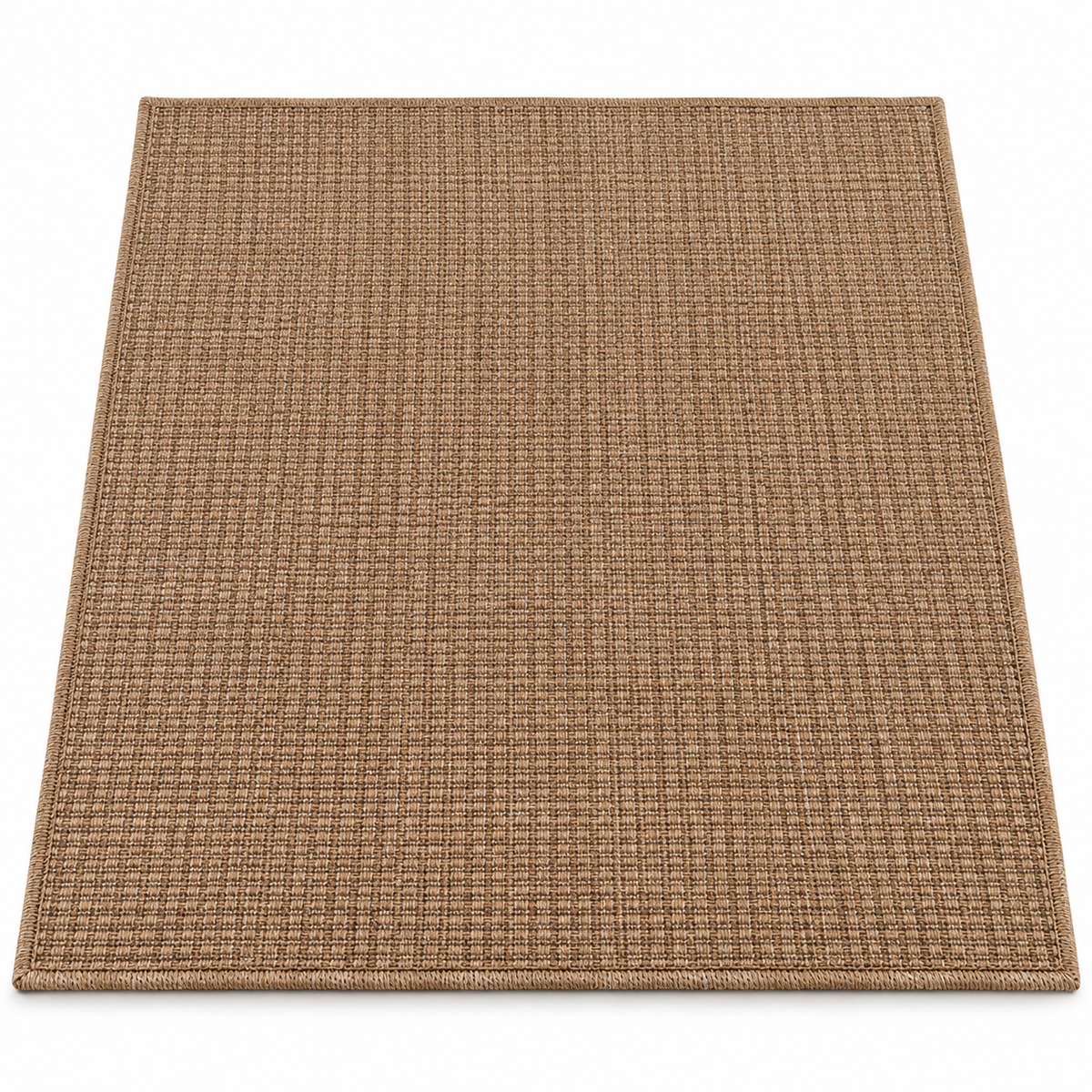 A square woven area rug in a warm medium brown color, shown from a top-down perspective on a plain white background.