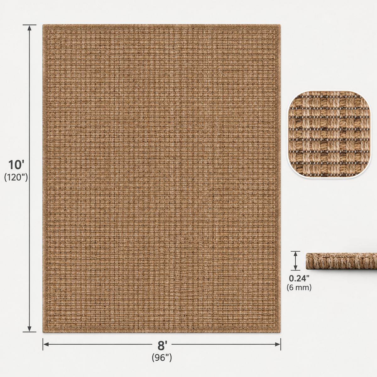 An 8 by 10 foot woven outdoor rug shown with dimension callouts and detail insets on a light gray background.