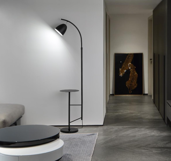 Black Modern Floor Lamp with Attached Table