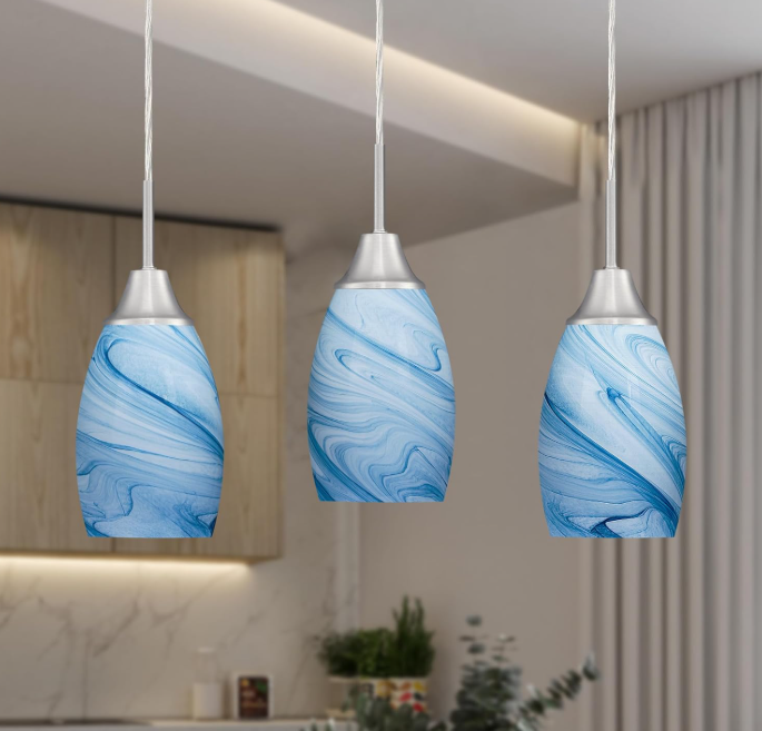 Brushed Nickel Mini Pendant Lights with Blue Glass Shades