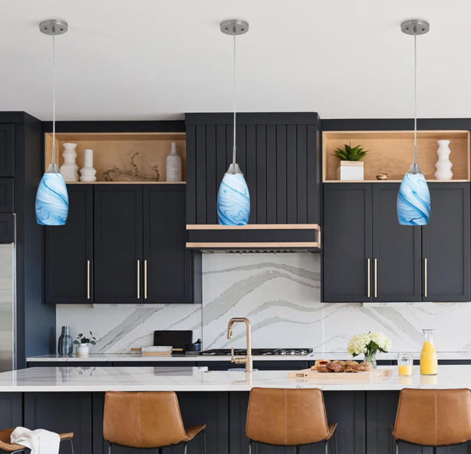 Brushed Nickel Mini Pendant Lights with Blue Glass Shades