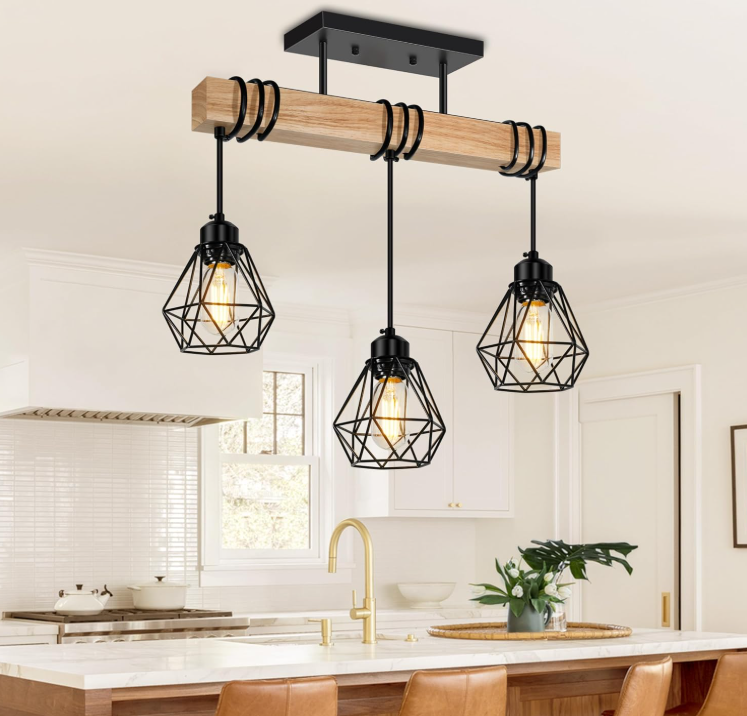 3-Light Rustic Wood and Metal Pendant Fixture