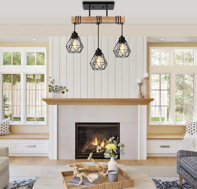 3-Light Rustic Wood and Metal Pendant Fixture