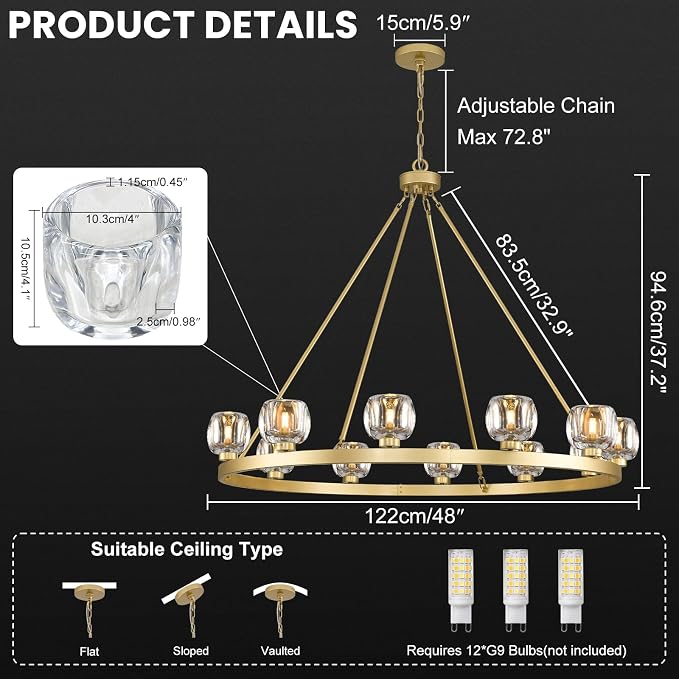 Gold 12-Light Wagon Wheel Chandelier