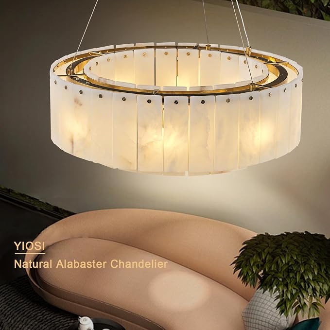 Gold Alabaster 2-Tier Round Chandelier