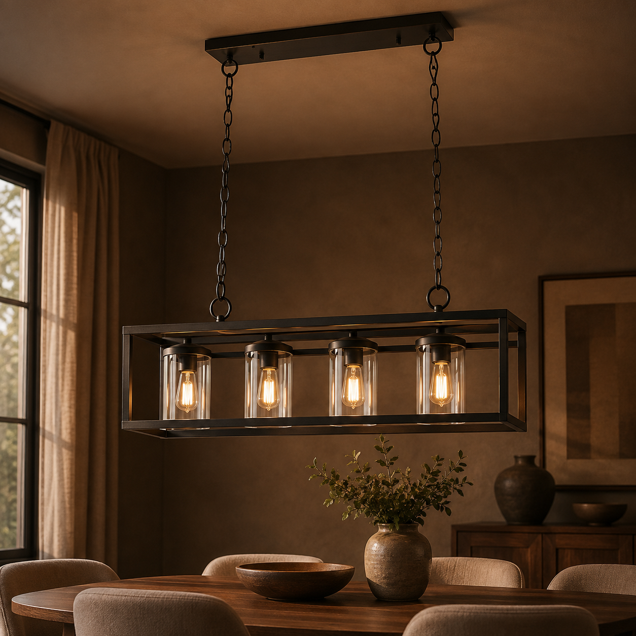 Matte Black 4-Light Linear Chandelier