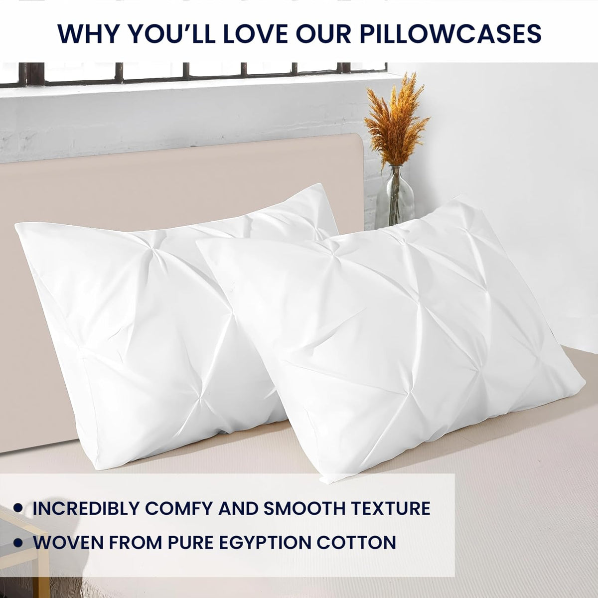 White Egyptian Cotton Pinch Pleated Pillows covers