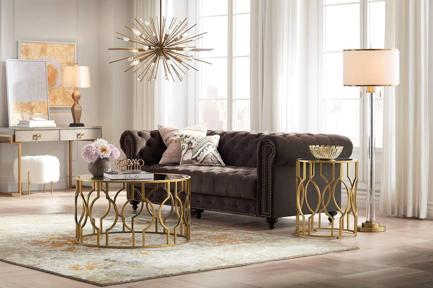 Satin Brass Crystal Column Floor Lamp