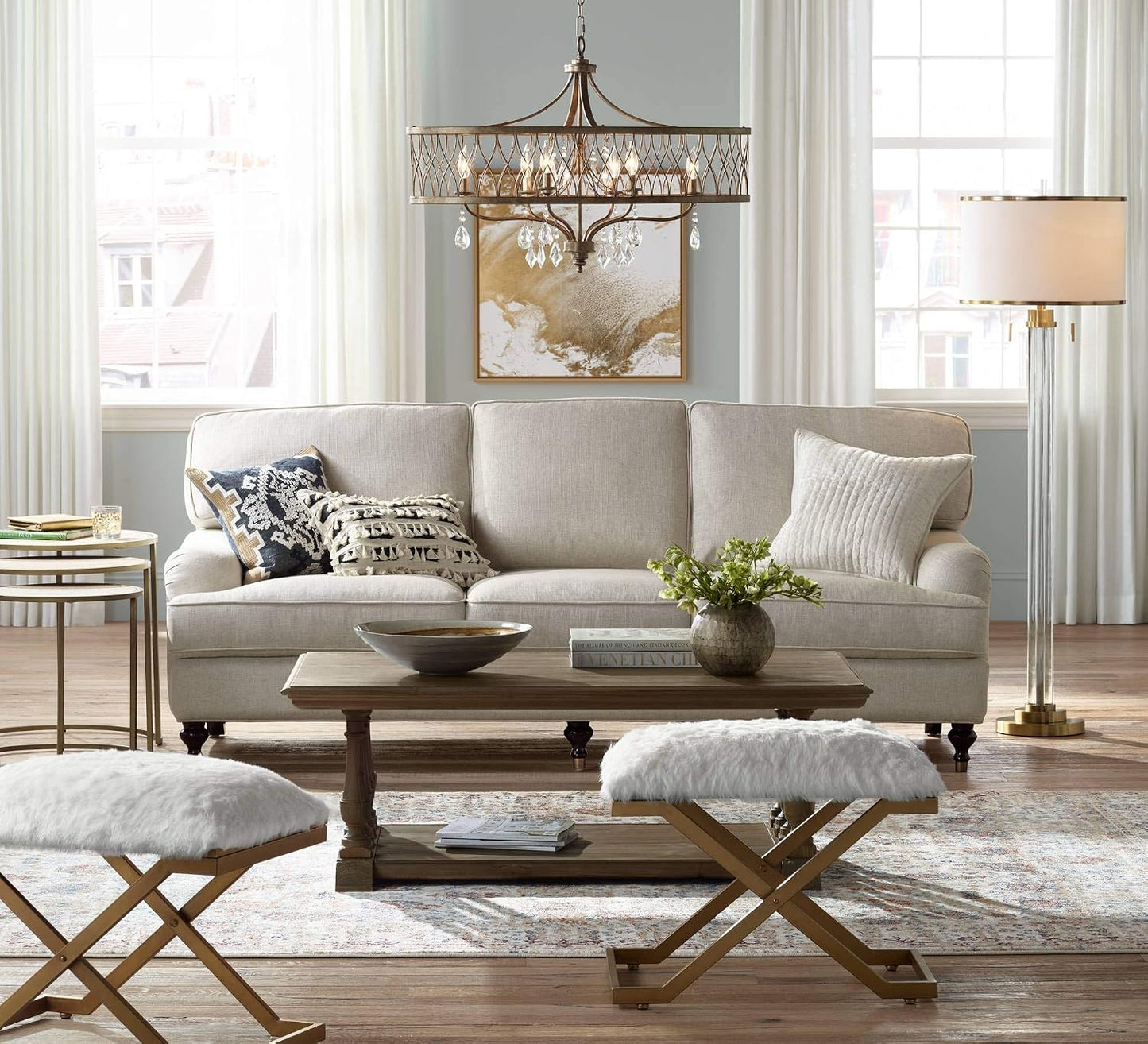 Satin Brass Crystal Column Floor Lamp