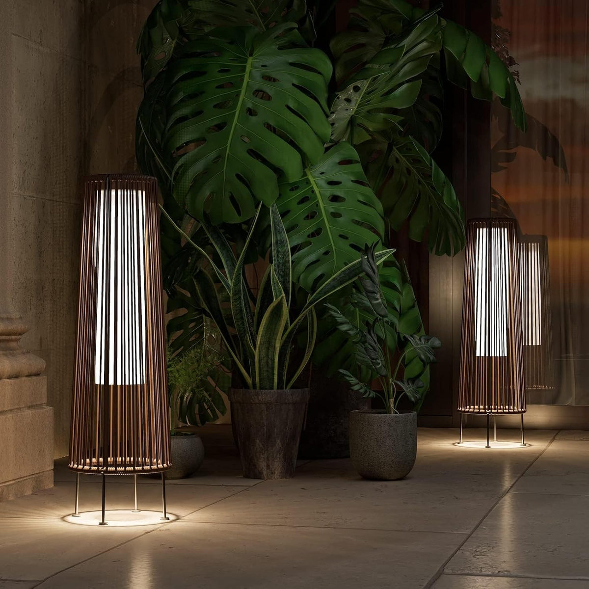 Dark Brown Wicker Solar Outdoor Floor Lamps