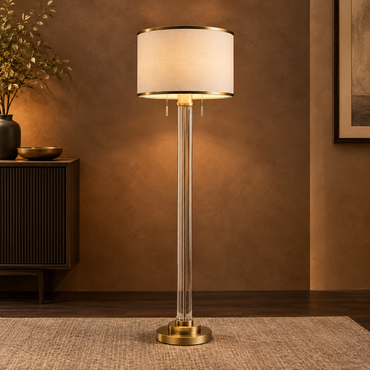 Satin Brass Crystal Column Floor Lamp