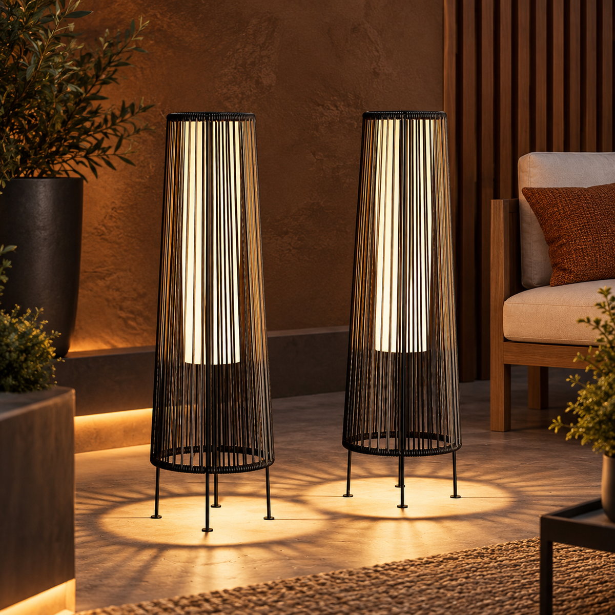 Dark Brown Wicker Solar Outdoor Floor Lamps