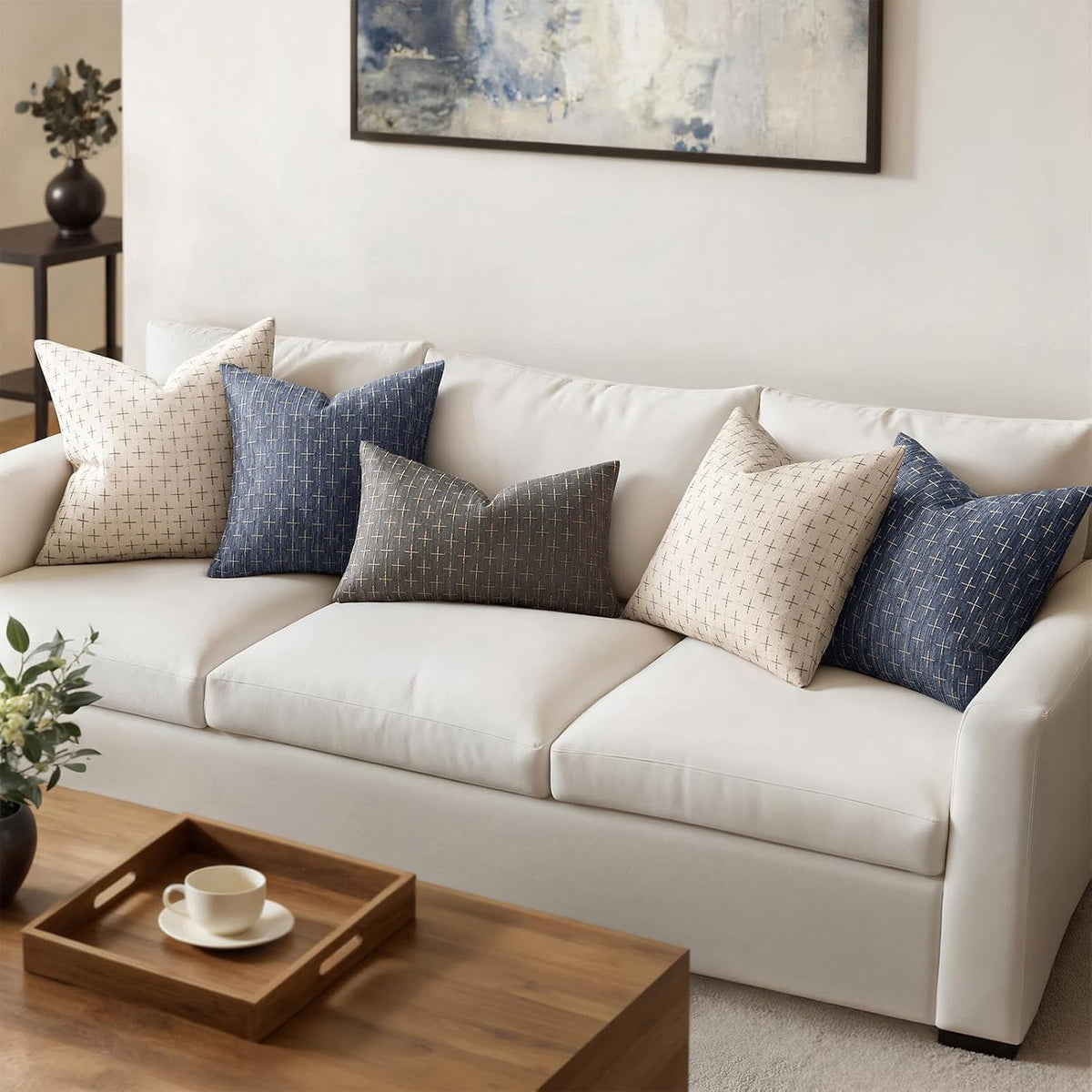 Blue Burlap Linen Throw Pillow Covers