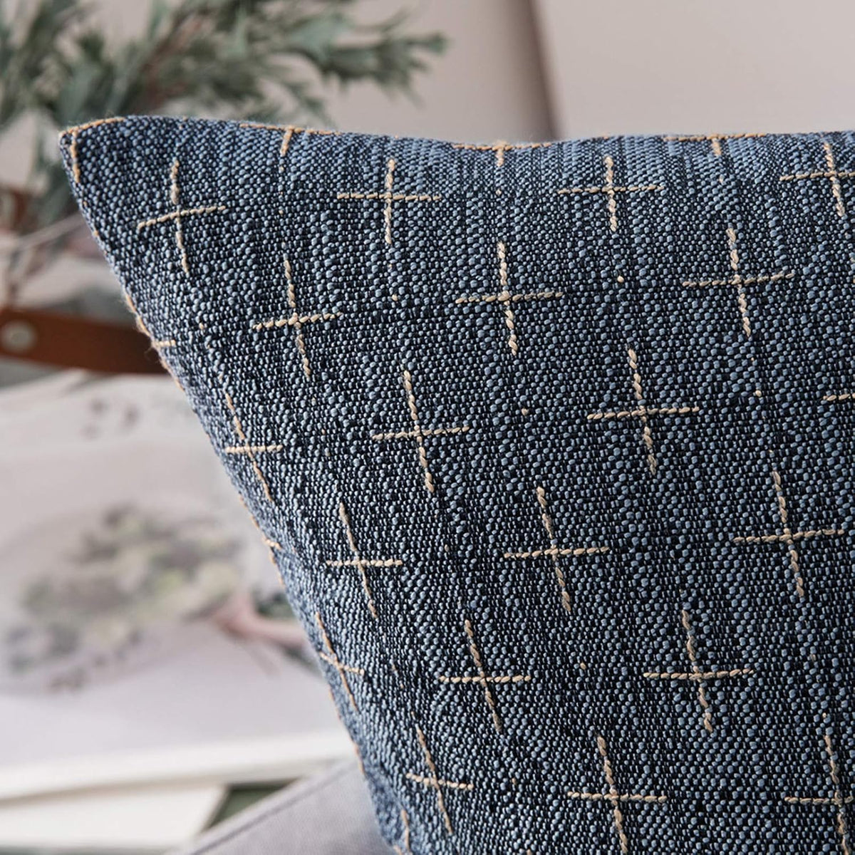 Blue Burlap Linen Throw Pillow Covers