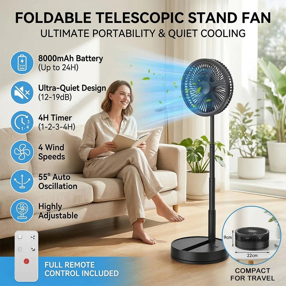 3-in-1 Foldable Telescopic Stand Fan – USB Rechargeable Portable Fan with Remote Control