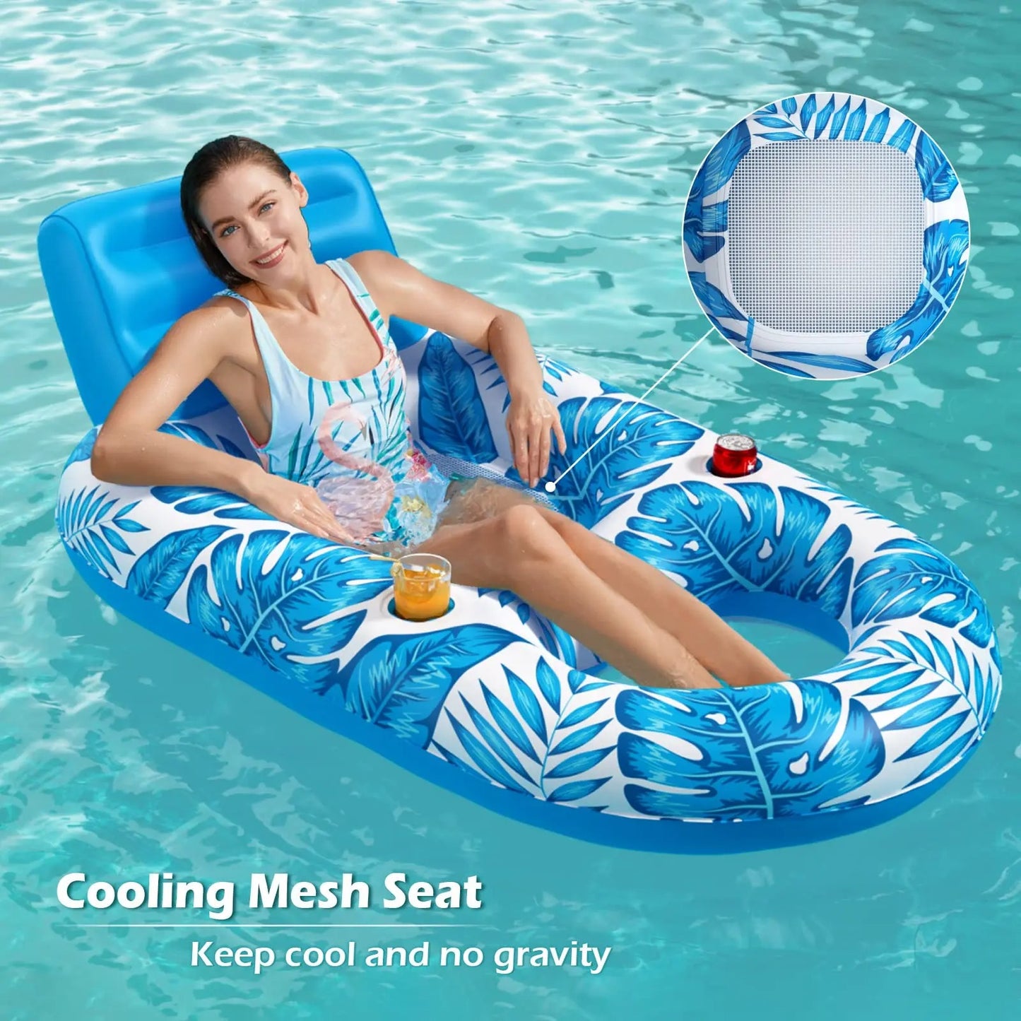 Inflatable Pool Float Lounger for Adults – Cooling Mesh Seat Floating Chair with Backrest