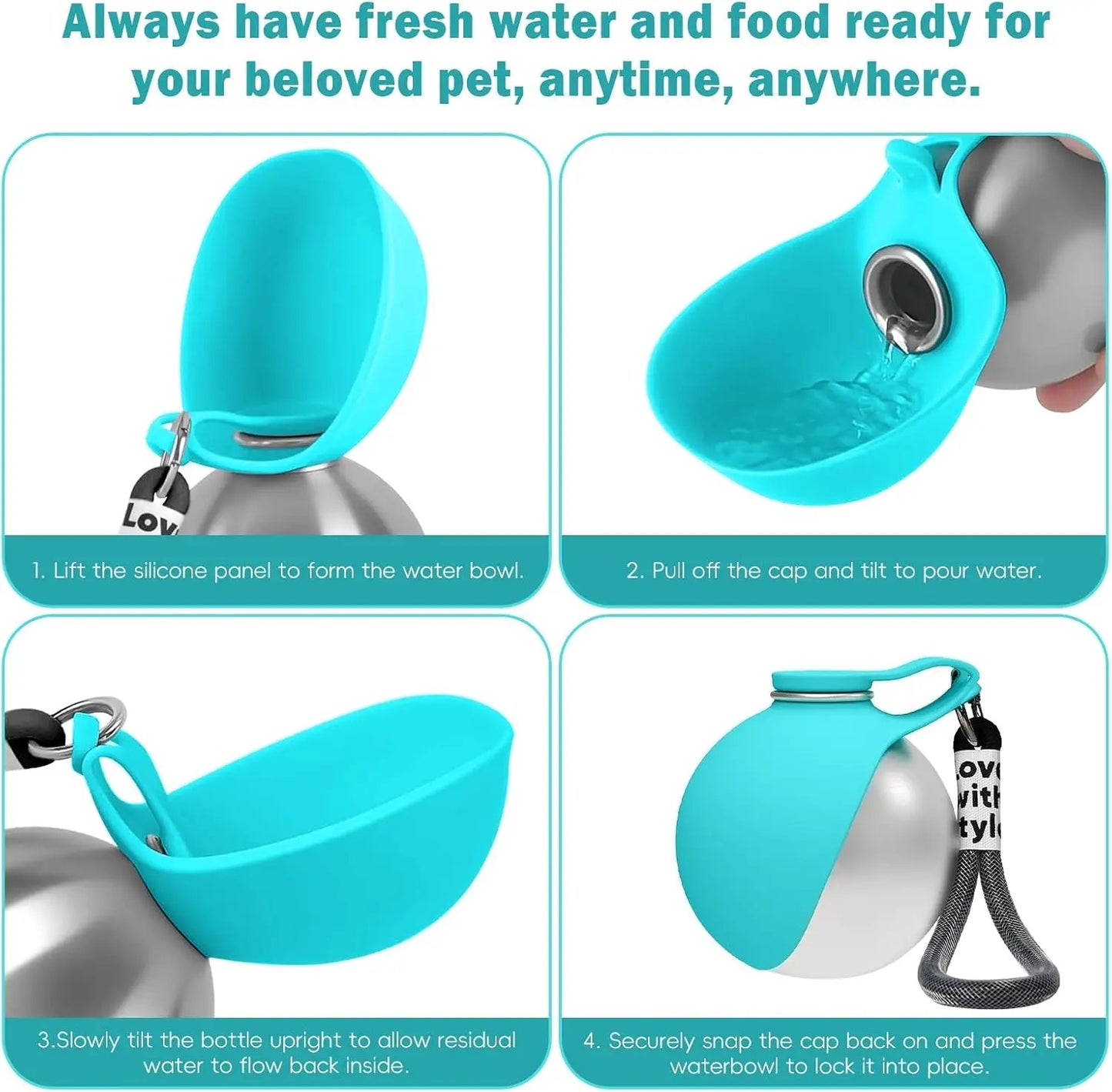 Portable Dog Water Bottle with Foldable Bowl – Leak-Proof Stainless Steel Pet Travel Water Dispenser