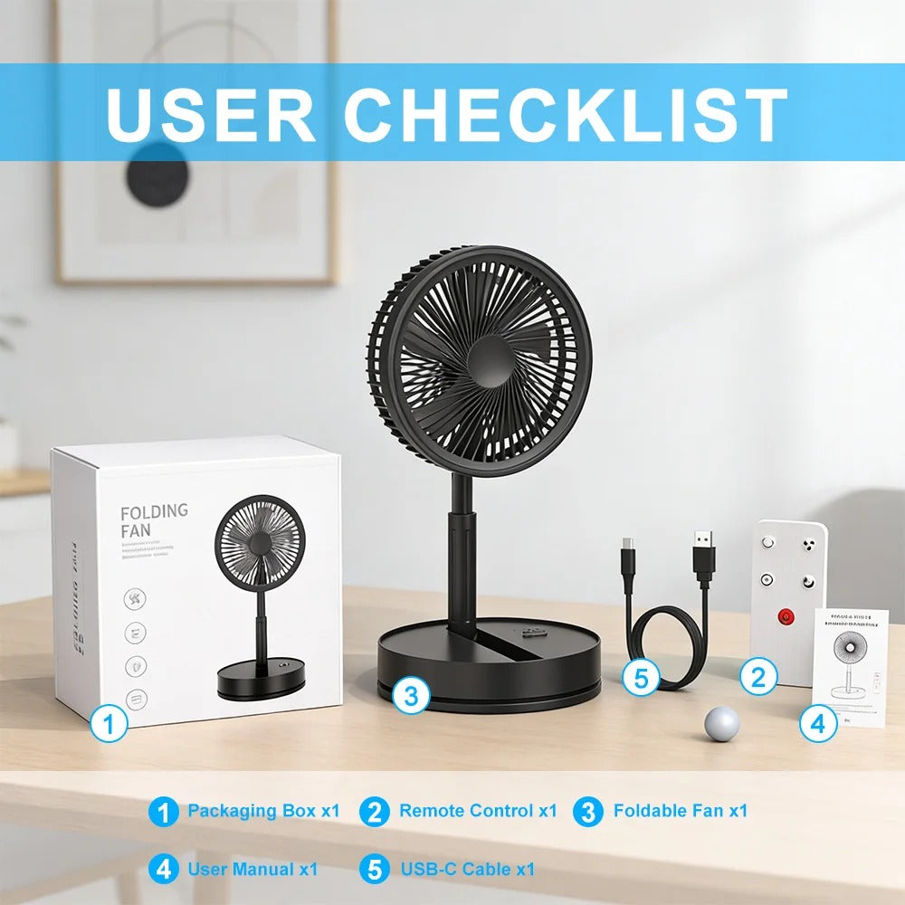 3-in-1 Foldable Telescopic Stand Fan – USB Rechargeable Portable Fan with Remote Control