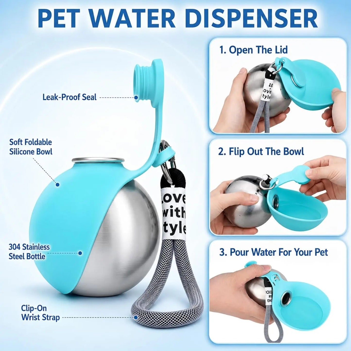 Portable Dog Water Bottle with Foldable Bowl – Leak-Proof Stainless Steel Pet Travel Water Dispenser