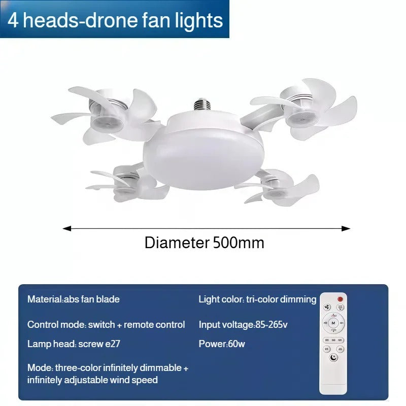 Modern E27 4-Blade Ceiling Fan Light with Remote – 60W LED Dimmable Fan Light Bulb