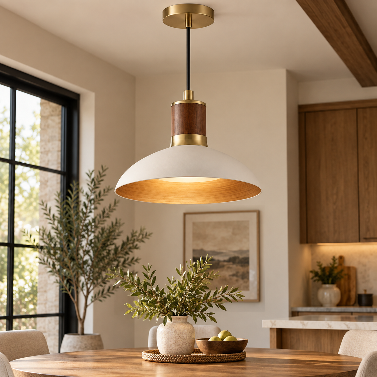 Cream & Brass Dome Pendant Light