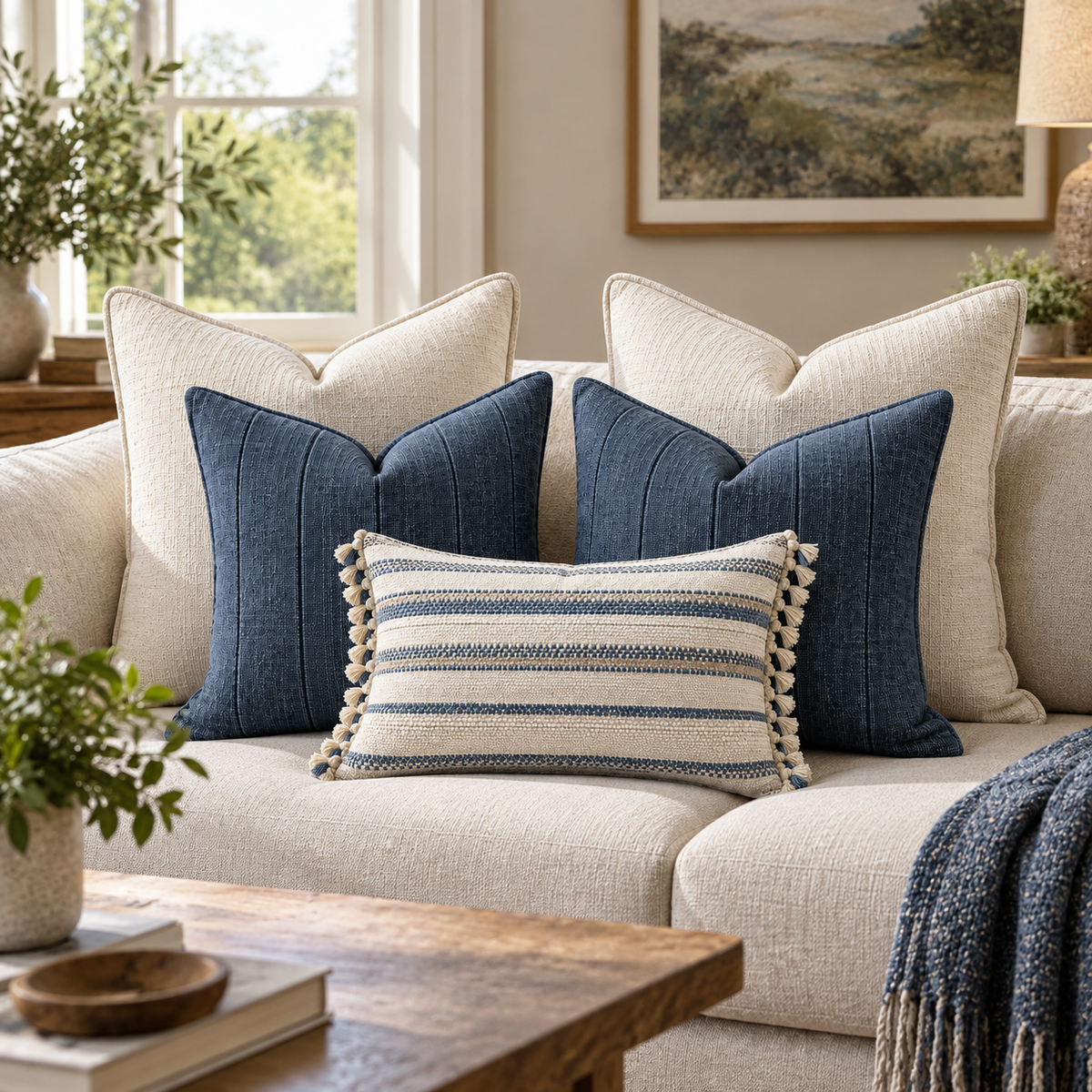 Blue Burlap Linen Throw Pillow Covers