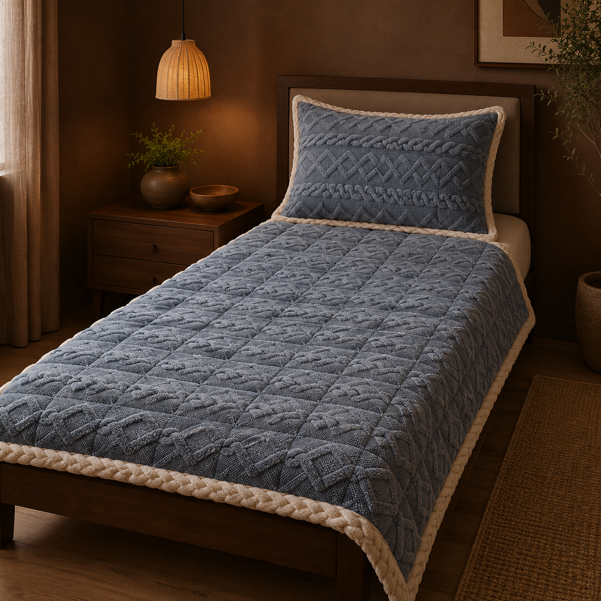 Blue Plush Quilted Bedspread
