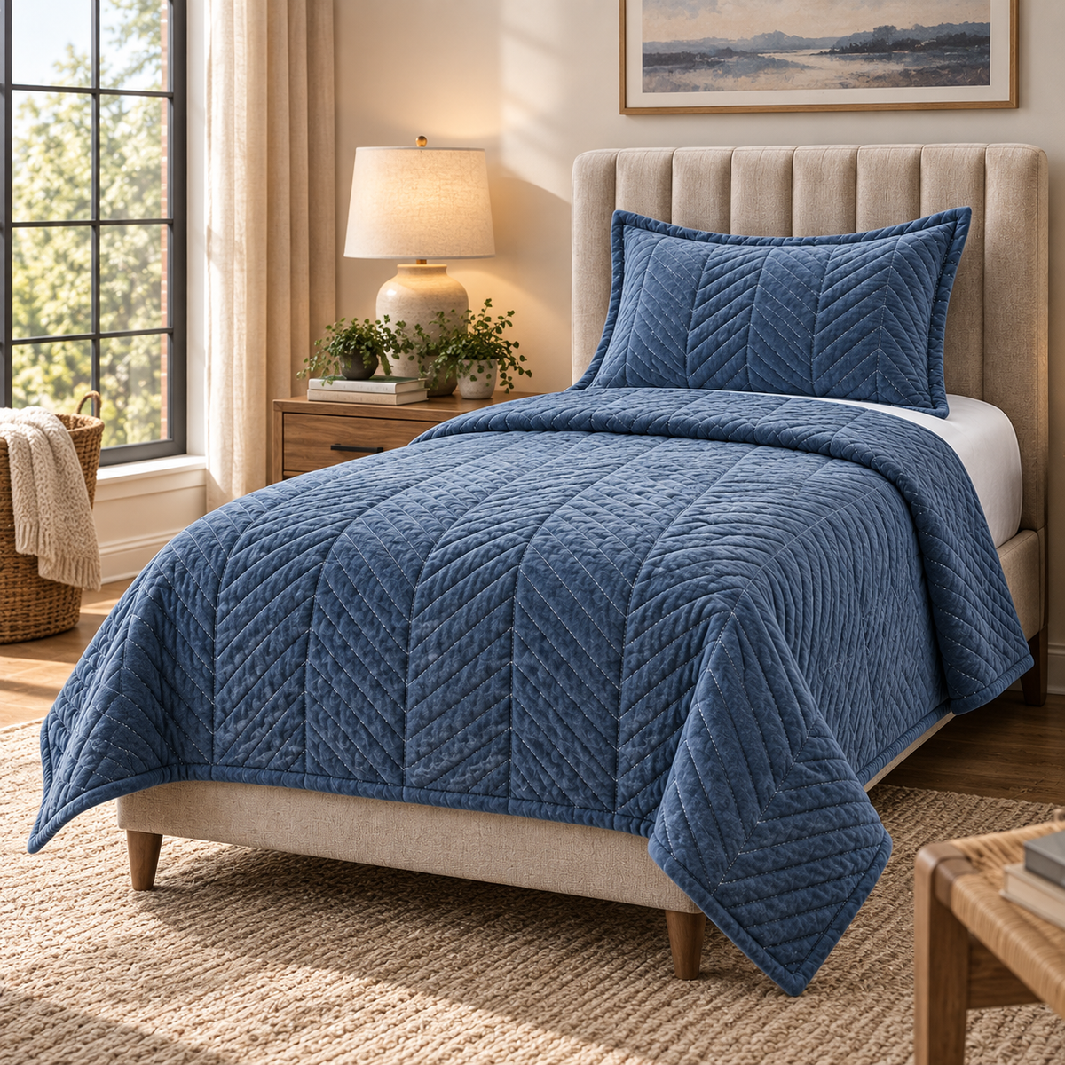 Blue Plush Quilted Bedspread